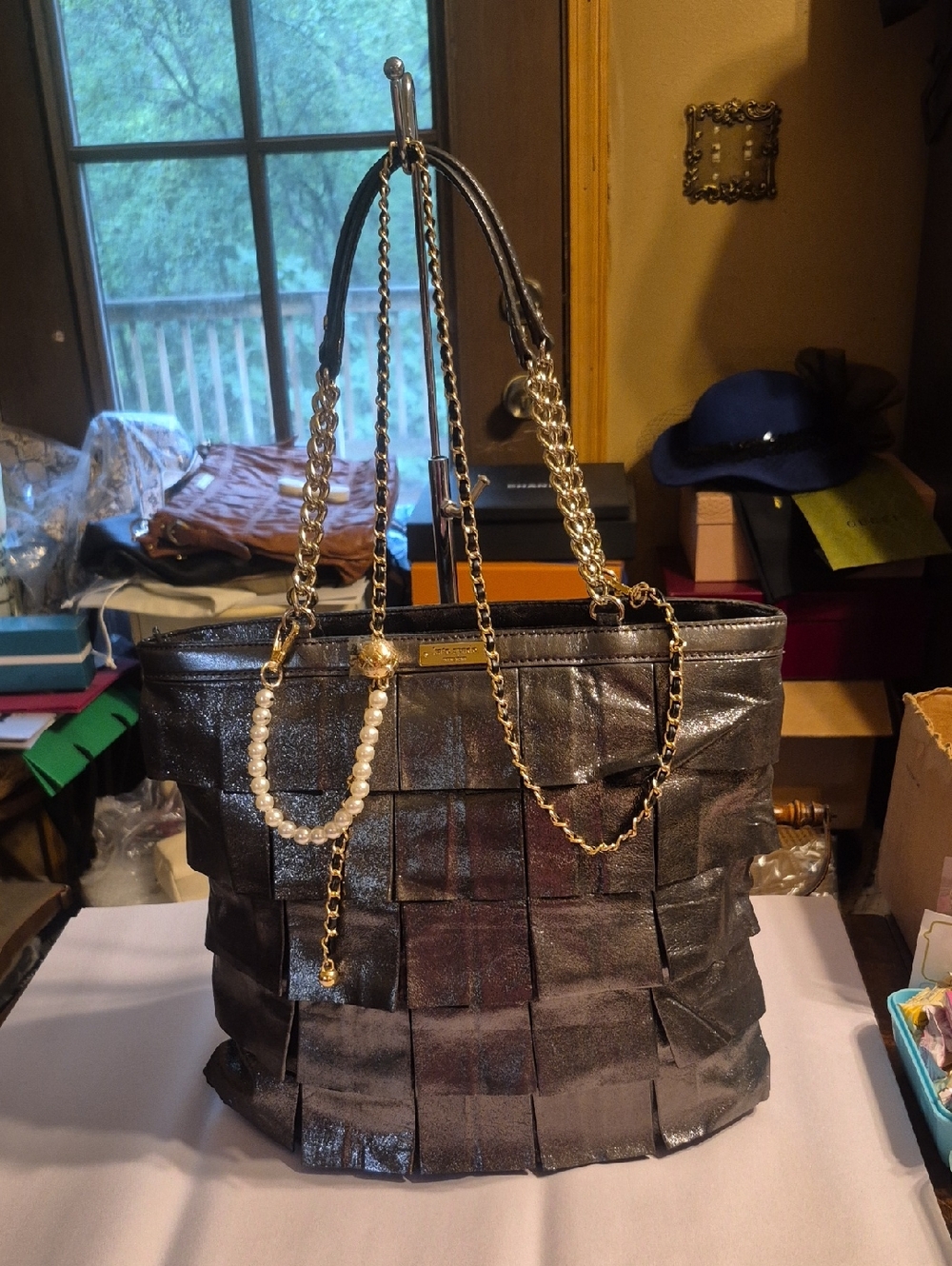 Metallic Pewter Woven Tote Bag with Chain Handles